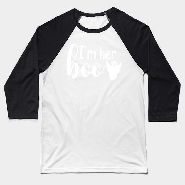 I'm Her Boo | White Text Couples Halloween Baseball T-Shirt by Estrytee